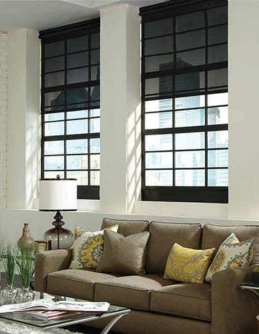 Lutron Shades, Motorized Window Shades, Solar Roller Shade, Black Blinds, Black Window Frames, Smart Blinds, Smart Shades, Budget Blinds, Motorized Shades