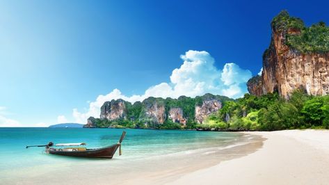 Thailand, 5k, 4k wallpaper, 8k, beach, shore, boat, rocks, travel, tourism (horizontal) Thai Beach, Koh Lipe, Railay Beach, Thailand Travel Guide, Koh Chang, Krabi Thailand, Ao Nang, Photo Summer, Travel Wallpaper