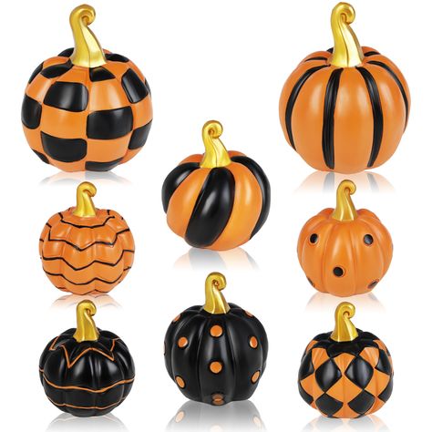 PRICES MAY VARY. PACKAGE INCLUDED - 8 x Ceramic Pumpkins (including 2pcs large sizes: 2.7 inches (diameter), 4.3 inches (height), 6pcs small sizes: 2.4 inches(diameter), 2.5 inches (height) UNIQUE DESIGN - Our halloween pumpkin decor in a classic black and orange color, adorned with gold stems, and a charming assortment of checkered, dotted, and striped patterns. HAND-PAINTED PUMPKINS - Each ceramic pumpkins for decorating is carefully hand-painted uniquely designed with realistic textures and c Decorating Foam Pumpkins, Pumpkin Decorating Party, Halloween Pumpkin Decorations, Pumpkins Decor, Ceramic Pumpkins, Polka Dot Pumpkin, Decor For Halloween, Carved Pumpkins, Hand Painted Pumpkin