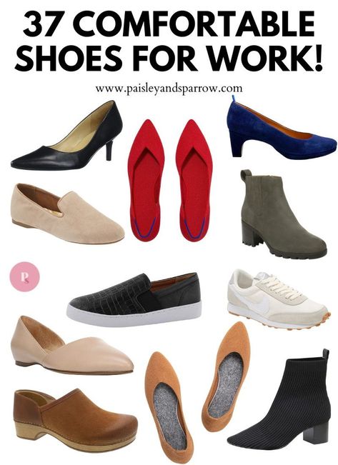 The best most comfortable work shoes! Great shoes to wear to the office to keep your feet happy. Comfortable Work Clothes For Women, Best Work Shoes Women Standing, Cute Work Shoes For Women, Office Winter Shoes, Women Work Shoes Office Style, Comfy Shoes For Work, Work Shoes Women The Office, Comfortable Work Shoes Women, Best Work Shoes