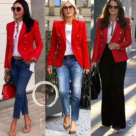 #windowshopping Red Blazer Outfits - Which one is your favourite: 1, 2 or 3? ❤️❤️❤️ #stylemama #stylecoaching #styleideasdaily #styleinspo #styleinspiration #styleinspire #style #falloutfit #casualoutfitideas #workoutfit #workoutfitideas #workoutfitideasforwomen #stylecoach #stylecoaching #styleschool #styletraining #onlinetraining #colourtraining #imagecoach #letsglow #stylemanagement #styleideas Red Blazer Outfits For Women, Red Blazer Outfit For Work, Red Blazer Outfit Casual, Tweed Blazer Outfit, Blazer Outfits Women, Red Blazer Outfit, Plaid Blazer Outfit, Red Pants Outfit, Blazer Look