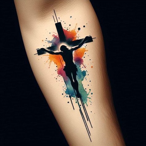 Watercolor Cross Tattoo, Watercolour Tattoo Men, Chest Tattoo Stencils, Arm Tattoos Drawing, Lion Tattoo Sleeves, Christ Tattoo, Cross Tattoo For Men, Palm Tattoos, Religious Tattoo