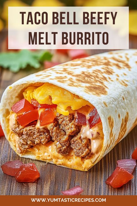 Love Taco Bell? Learn how to make their famous Beefy Melt Burrito at home with this simple recipe! Bursting with bold flavors, cheesy goodness, and savory beef, it’s a quick and delicious meal the whole family will enjoy.

#BurritoLovers #HomemadeFastFood #TacoBellAtHome #CheesyBurritos #MexicanRecipes Chili Cheese Burrito Taco Bell Recipe, Cheesy Beef Burritos, Quick Lunches At Home, Taco Bell Chili Cheese Burrito Recipe, Chili Cheese Burrito Taco Bell, Burrito Hack, Taco Bell Enchirito Recipe, Enchirito Recipe, Chili Cheese Burrito