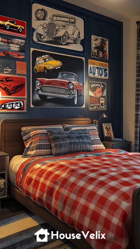 Vintage Auto Enthusiast Updated Adult Boys Bedroom Ideas, Teen Boys Room Ideas, Vintage Car Room, Retro Aesthetic Bedroom, Retro Boys Room, Teen Boy Bedroom Ideas, Boys Car Bedroom, Boy Car Room, Vintage Car Bedroom