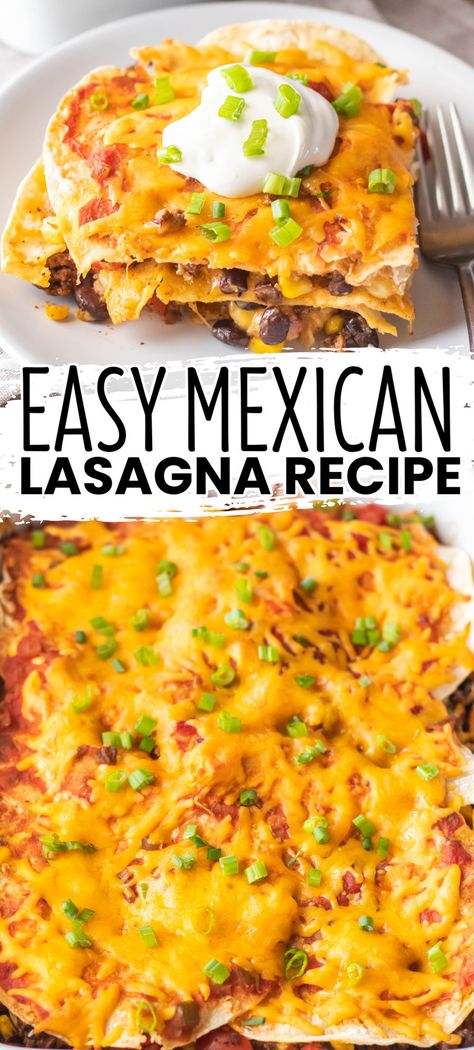 When you want an easy dinner, this Mexican Lasagna Recipe should be at the top of your list. It's ready in 45-minutes and loaded with flavor! Dutch Oven Mexican Tortilla Lasagna, Mexican Made Easy Recipes Marcella, Enchilada Lasagna Recipe, Mexican Dump Casserole, Easy Mexican Lasagna With Tortillas, Crockpot Mexican Lasagna Recipe, Tortilla Lasagne Mexican Lasagna, Easy Mexican Taco Lasagna, Mexican Lasagna Vegetarian