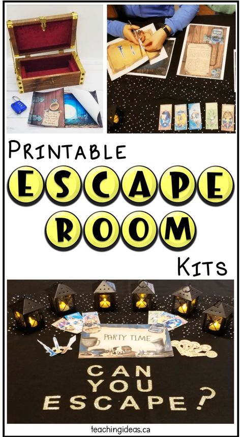 The pin shows a treasure box with a clue inside, two children cutting and playing with escape room puzzles and a table set up with tea light candles and printable puzzles and the words "can you escape?" Printable Escape Room Kit Free, Free Printable Escape Room, Make Your Own Escape Room, Escape Room Diy, Printable Escape Room, Room For Kids, Escape Room For Kids, Escape Room Puzzles, Virtual Games