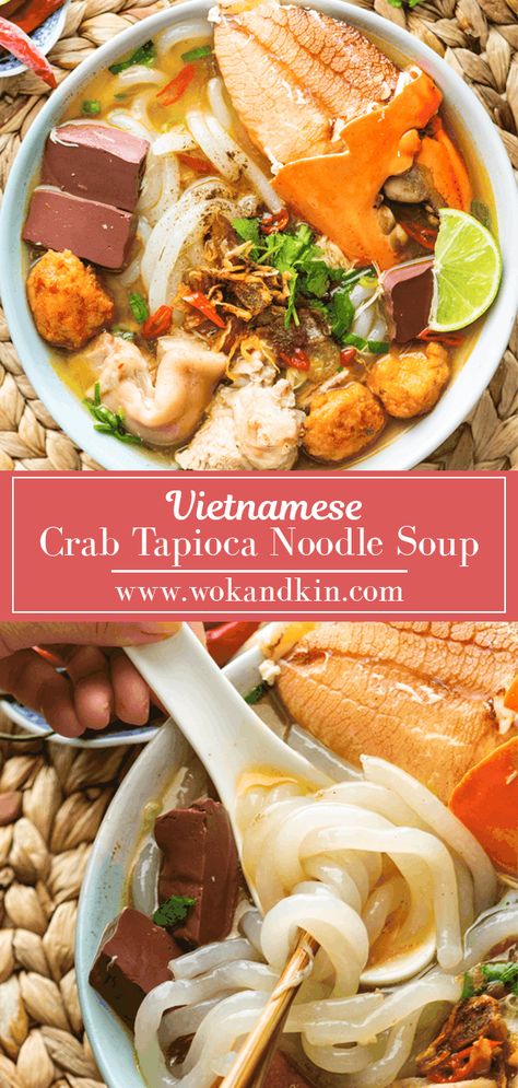 This slurp-worthy bowl of Banh Canh Cua has an explosive fresh crab flavor and slippery tapioca noodles for every noodle soup lover! With a sticky, thick seafood broth topped with aromatic herbs, it's a gem everyone needs to try. #banhcanhcua #tapiocanoodles #tapiocanoodlesoup #vietnamesenoodlesoup Tapioca Noodles, Banh Canh, Noodles Lover, Seafood Market, Seafood Soup, Asian Soup, Asian Grocery, Hot Soup, Boneless Pork