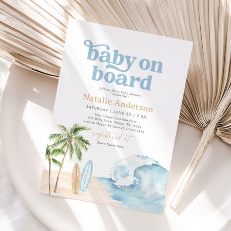 Baby on Board Beach Surf Baby Shower Invitation Gender Neutral Invitations, Surf Baby, Beach Baby Showers, Gender Neutral Baby Shower Invitations, Summer Baby Shower, Baby On Board, Beach Surf, Beach Baby, Gender Neutral Baby Shower