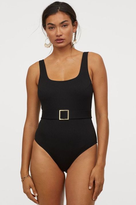 H&M Ribbed Belted Swimsuit Best Swimsuit Brands, Belted Swimsuit, Affordable Swimsuits, Swimsuit Brands, One Shoulder Swimsuit, High Neck Designs, Long Sleeve Swimsuit, Best Swimsuits, Swimsuit Black