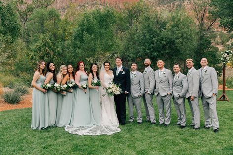 Light Green Groomsmen, Green Groom Gray Groomsmen, Green And Grey Wedding, Grey Groomsmen Suits With Green Bridesmaids, Sage Green Groomsmen Attire Groom & Groomsmen Suits, Wedding Grey Suits Sage Green Ties Groomsmen, Seafoam Green Wedding, Temple Wedding Dresses, Mint Green Bridesmaid Dresses