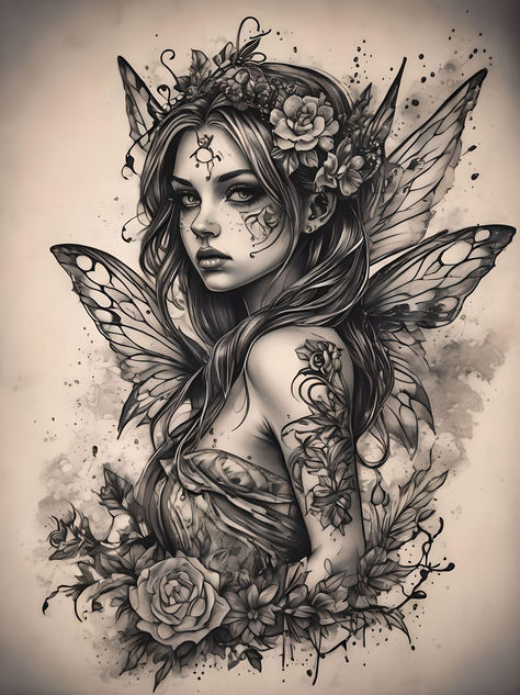 Beautiful black and white tattoo design Amy Brown Fairies Tattoos, Voodoo Priestess Tattoo, Fairy Tattoo Realistic, Fairy Skull Tattoo, Beautiful Fairy Tattoo, Fairy Princess Tattoo, Fairy Tattoo Colorful, Pixy Tattoo, Beautiful Leg Tattoos For Women