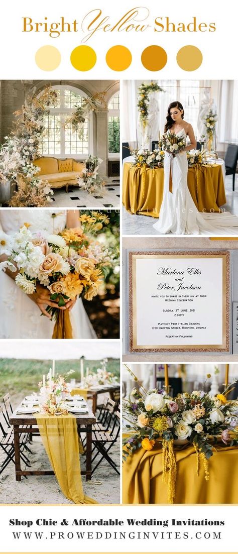 Yellow Color Wedding Theme, Mustard Color Wedding Theme, Cute Wedding Themes Colors, Yellow Wedding Ideas Color Schemes, Orange And Yellow Fall Wedding, Mustard Yellow Wedding Theme Color Schemes, Modern Elegant Wedding Color Palettes, Yellow Aesthetic Wedding Theme, Yellow Spring Wedding Theme