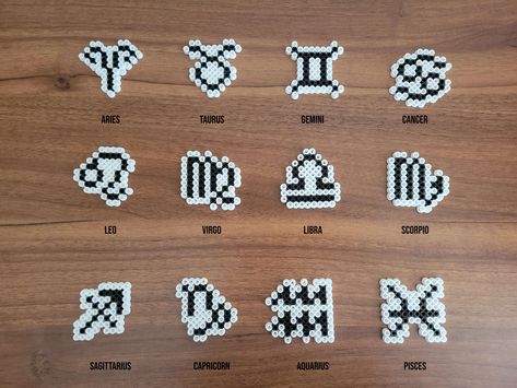 Zodiac Perler Beads, Zodiac Perler Bead Patterns, Black And White Perler Bead Patterns, Alpha Crochet, Rave Perler, Capricorn Symbol, Aries Symbol, Hama Mini, Zodiac Sign Designs