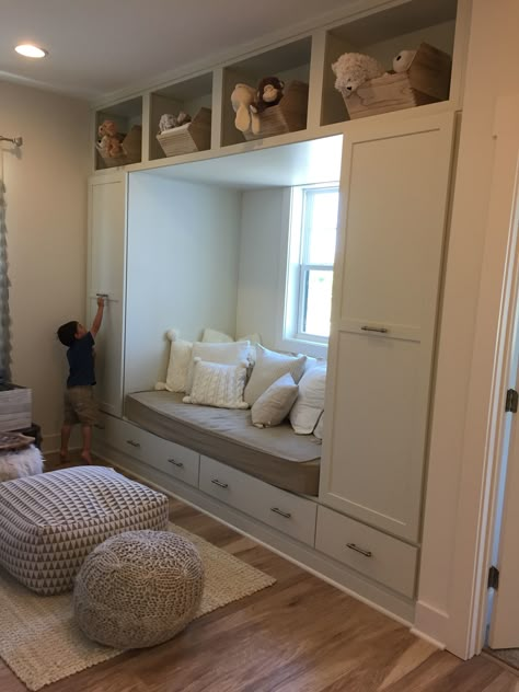 Walk In Closet With Daybed, Day Bed In Master, Window Bed With Storage, Built In Couch Bed, Daybed In Closet, Custom Built In Reading Nook, Couch Near Window In Bedroom, Closet Daybed, Built In Nook Bed