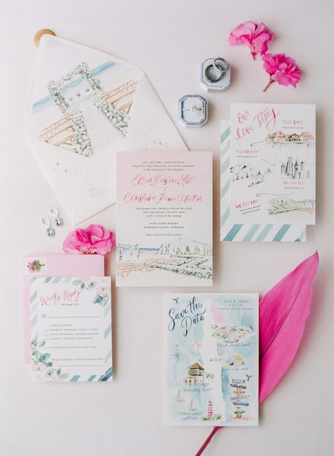 Pastel Invitation Suite with pinks and blues | Tropical wedding inspiration | Harbour Island Wedding at Pink Sands Resort | Bahamas Wedding Photographer Jessie Barksdale Photography | #beachwedding #harbourislandwedding Beach Wedding Stationery, Pink Wedding Theme Beach, Pink Coastal Wedding, Aruba Wedding Invitations, Coastal Wedding Invitation Suite, Beach Wedding Invite, Pink Beach Wedding, Tropical Wedding Invitation Suite, Watercolor Florida Wedding