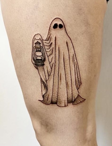 Ghost holding a lamp, dotwork, shading, blackwork• made by @umbra_tatts on IG (: Realistic Ghost Tattoo, Ghost In Window Tattoo, Ghost Legs Tattoo, Ghost Witch Tattoo, Gas Lantern Tattoo, Lanterns Tattoo, Ghost Holding Pumpkin Tattoo, Creepy Lantern Tattoo, Sheet Ghost Tattoo