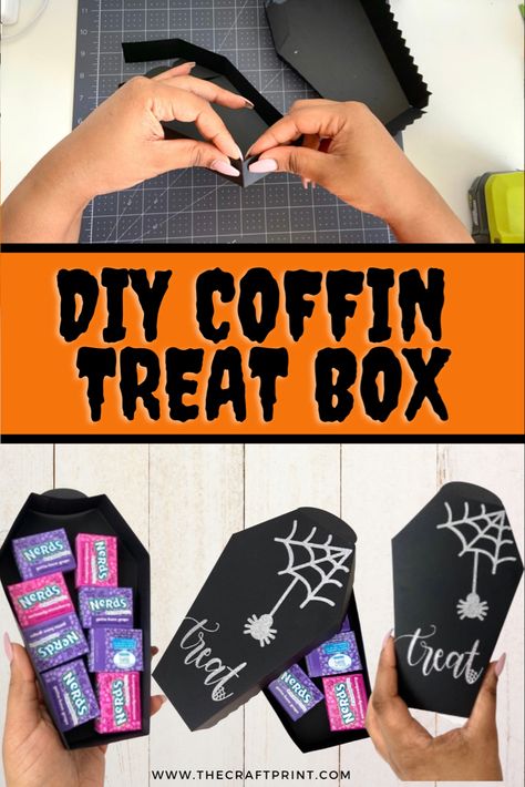 Halloween Treat Boxes Cricut, Cricut Halloween Coffin, Diy Coffin Box How To Make, Coffin Treat Boxes, Coffin Gift Box Diy, Cricut Halloween Treat Boxes, Coffin Paper Craft, Halloween Box Decorations, Halloween Treat Boxes Diy