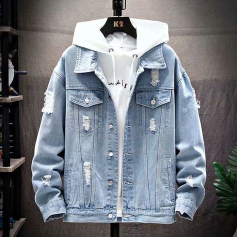 White Jacket Men, Denim Jacket Trend, Casual Denim Jacket, Jean Jacket Men, Slim Fit Jackets, Workwear Jacket, Vintage Denim Jacket, Men's Korean Style, Blue Denim Jacket