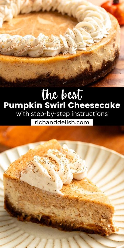 This pumpkin swirl cheesecake features a biscoff cookie crust topped with creamy cheesecake swirled with pumpkin spice swirl. Pumpkin Swirl Pie, Pumpkin Cheesecake Topping Ideas, Holiday Recipes Christmas Desserts, Pumpkin Swirl Cheesecake, Christmas Main Dishes, Holiday Recipes Thanksgiving, Salted Caramel Cheesecake, Cream Cheese Desserts, Cheese Pumpkin