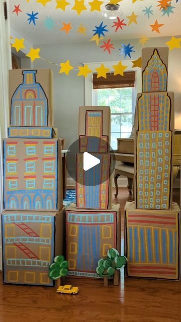 Diy City Buildings Out Of Boxes, Cardboard City For Kids, Cardboard Skyscraper, Building Crafts For Preschool, Cardboard Box Party, Building With Cardboard, Engineer Party, Cardboard Boxes Kids, Grad Table