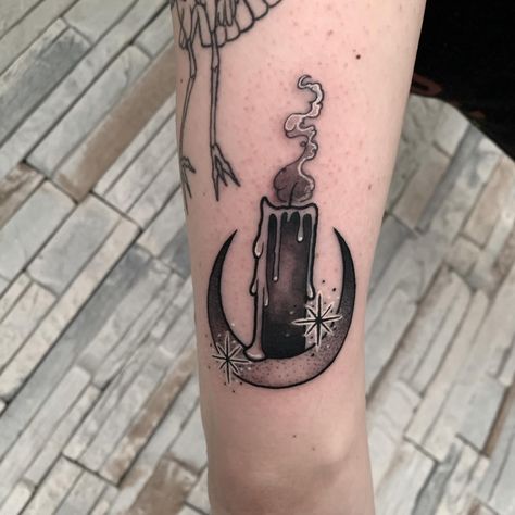 Candle Moon Tattoo, Moon And Candle Tattoo, Witch Candle Tattoo, Spooky Candle Tattoo, Witchy Candle Tattoo, Salem Witch Tattoo, Witch Tattoos, Goth Tattoos, Salem Halloween