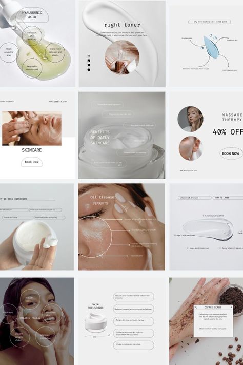 Skincare Instagram Templates Canva. Esthetician social media graphics. Cohesive Instagram feed. Are you tired of using the same Instagram templates for your skincare feed? Our amazing pack of Instagram templates is designed to help you create stunning social media graphics. These skincare templates are perfect for skincare coaches, skincare brands, beauty influencers, estheticians, bloggers, and content creators. You can easily create cohesive Instagram posts, Instagram posts in portrait for maximum feed exposure, and Instagram stories to showcase your products, expertise, and offers. Skin Care Instagram Feed Layout, Skincare Instagram Feed Layout, Skin Care Magazine Layout, Skincare Ig Feed, Skincare Brand Instagram Feed, Skincare Ig Post, Skin Care Instagram Feed, Skincare Instagram Posts, Skincare Social Media Posts