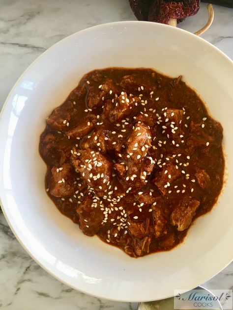 Easy Pork Mole – Marisol Cooks Pork Mole Recipe, Pork Mole, Mole Recipe, Red Moles, Chicken Mole, Mole Sauce, Easy Pork, Juicy Lips, Toasted Sesame Seeds