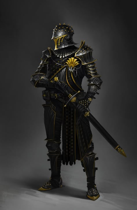 Black and gold, Vladimir Buchyk on ArtStation at https://www.artstation.com/artwork/GXbmB1 Dwendalian Empire, Black Knight Armor, Black Knight Art, Armor Designs, Urban Samurai, Gold Armor, Black Armor, Imperial Knight, Historical Armor