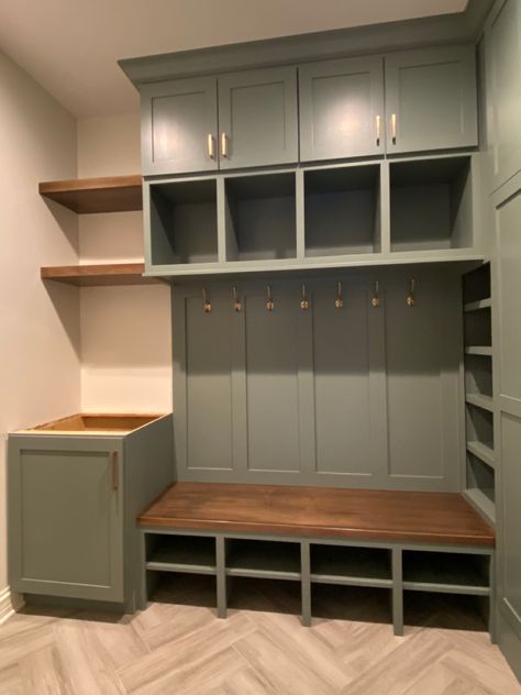 Mudroom With Counter Space, Mud Room Entry Farmhouse, Two Tone Mudroom, Drop Zone Built Ins, Drop Zone Cubby, Ikea Drop Zone Hacks, Mud Room Laundry Room Combo Layout, Corner Mudroom Built Ins, Mud Room L Shape