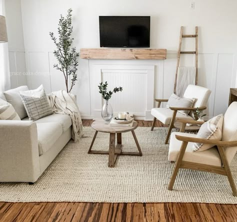 Neutral Minimal Living Room, Farmhouse Cottage Living Rooms, Light Wood Coffee Table, Wood Accent Chairs, Side Table Light, Tree Faux, Minimal Living Room, Faux Olive Tree, Rattan Side Table