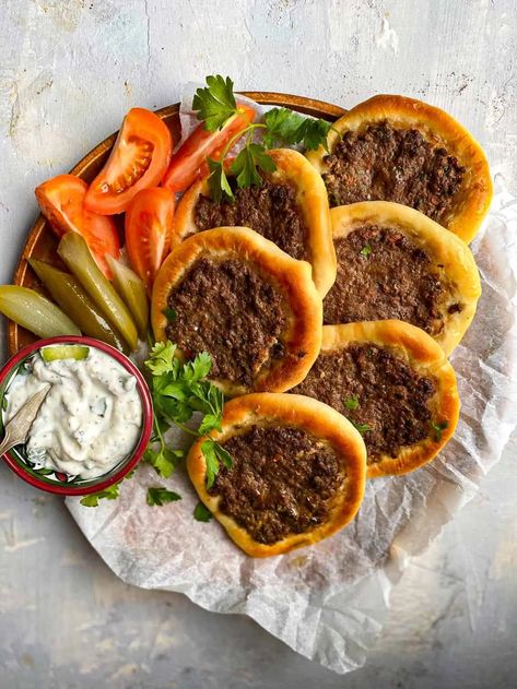 Sfeeha (Middle Eastern meat Pies) - Fufu's Kitchen Savory Tarts, Meat Pizza, Middle East Food, Middle East Recipes, Stuffing Ingredients, Meat Pies, Time Of The Day, Eastern Cuisine, Lebanese Recipes