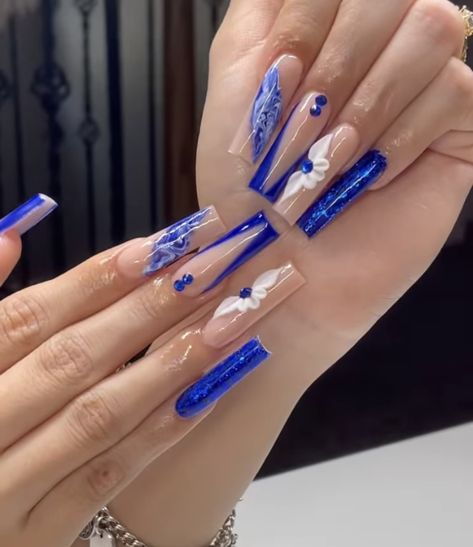 White And Dark Blue Nails Acrylic, Extra Blue Nails, Royal Blue Acrylic Nails 3d Flower, Navy Blue Nails Acrylic Coffin Long, Royle Blue Nails, Royal Blue Nails Acrylic Long, Royal Blue Nails Medium Length, Rhinestone Blue Nails, Royal Blue Acrylic Nails Rhinestones