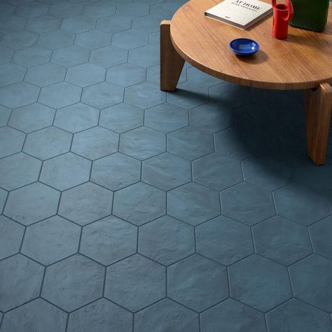 Ava Collection | TileBar.com Blue Hexagon Tile, Blue Floor Tile, Blue Tile Floor, Hexagon Tile Bathroom, Tropical Tile, Hexagon Tile Floor, Handcrafted Tile, Blue Floor, Ivy Hill Tile