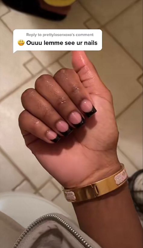 Black French Tip Overlay, Short Black French Tip Acrylic Nails, Black French Toe Nails, Cute Black Nails Ideas French Tips, Black French Toes, French Tip Shorties, Black French Tip Toes, Big Jam, Black Nail Tips