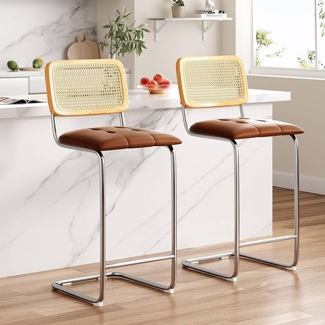 Amazon.com: Farini Counter Height Bar Stools Set of 2, Upholstered PU Leather Barstools with Rattan Back, 30 inch Stools Armless Bar Chairs for Kitchen Island(Green) : Home & Kitchen Silver Bar Stools, Velvet Barstools, Chairs For Kitchen Island, Chairs For Kitchen, Rattan Counter Stools, Mid Century Modern Bar, Rattan Stool, Rattan Bar Stools, Stools For Kitchen Island