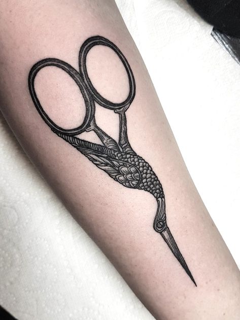 Stork Embroidery Scissors Tattoo, Embroidery Scissors Drawing, Ornate Scissors Tattoo, Stork Scissors Tattoo, Haircutting Shears Tattoo, Crane Scissors Tattoo, Bird Scissors Tattoo, Vintage Shears Tattoo, Antique Scissors Tattoo