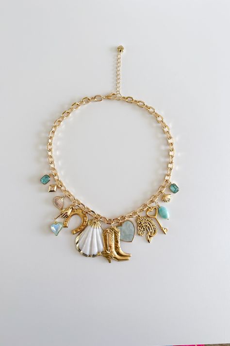 Coastal Cowgirl Gold Plated Statement Vintage Charm Necklace Coastal Cowgirl Accessories, Coastal Cowgirl Jewelry, Charm Necklace Outfit, Sagittarius Season, Cowgirl Accessories, Necklace Outfit, Cowgirl Jewelry, Resin Acrylic, Coastal Cowgirl