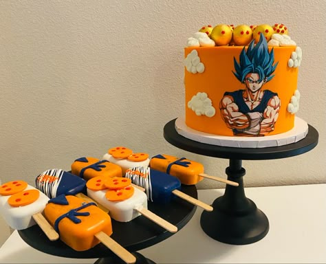 Dragon Ball Z Food Ideas, Dragon Ball Z Treats, Dragon Ball Z Cake Pops, Dragon Ball Z Cake Ideas, Dragonball Z Cake Ideas, Dragon Ball Z Birthday Cake, Dragon Ball Z Cookies, Dragon Ball Z Cake Goku, Goku Cake Dragonball Z