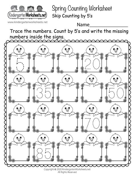 Spring Counting Worksheet for Kindergarten - Skip Counting by 5s Kindergarten Language Worksheets, Thanksgiving Worksheets Kindergarten, Halloween Worksheets Kindergarten, Christmas Worksheets Kindergarten, Pattern Worksheets For Kindergarten, Spring Math Worksheets, Skip Counting By 5's, Counting Worksheets For Kindergarten, Counting Worksheet