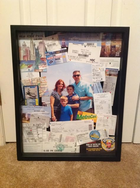 Shadow box for Patrick of our NYC trip. Travel Shadow Boxes, Travel Display, Shadow Box Wall Art, Travel Magnets, Diy Building Projects, Hello Family, Box Frame Ideas, Photo Frame Ideas, Shadow Box Wall