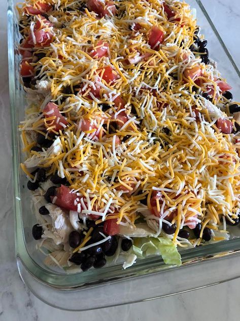 Layered Chicken Taco Salad - Lynn's Kitchen Adventures Taco Salad Casserole, Layered Taco Salad, Ground Turkey Taco Salad, Layered Taco Salads, Layered Taco, Turkey Taco Salad, Chicken Taco Salad, Ground Turkey Tacos, Green Snacks