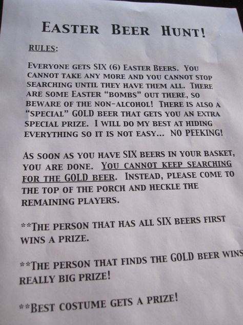 Easter Beer Hunt Rules :) Easter Beer Hunt, Adult Easter Party, Adult Easter Egg Hunt, Party Games For Adults, Easter Party Games, Adult Easter, Easter Hunt, Games For Adults, Easter Games