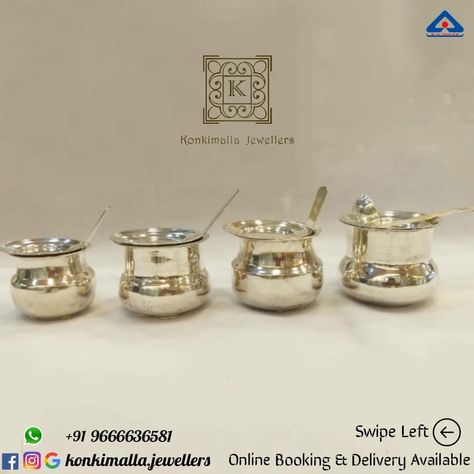 #KJ_S82 Net Weight: Up to 40 grams Item: Ghee Bowls ( నేతి గిన్నెలు ) Fb, Insta, Pinterest: @konkimalla.jewellers Silver Dinner Set, Saree Jewellery, Pooja Items, Silver Pooja Items, Aesthetic Letters, Silver Items, Silver Collection, Wedding Gift Ideas, Krishna Wallpaper