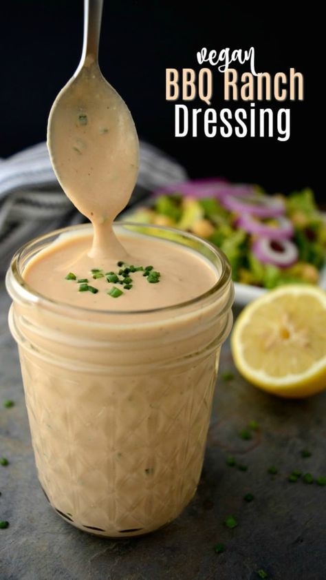 Vegan BBQ Ranch Dressing is a creamy dreamy dressing worth slathering on everything from salads to tacos & burritos!  This healthy dressing is vegan, oil-free and gluten-free! It also has a nut-free option to make it allergy friendly.  #veganranch #veganranchdressing #BBQranch #vegandressing #veganrecipe #vegandressingrecipe #veganranchrecipe No Oil Vegan Dressing, Gluten Free Ranch Dressing, Vegan Dressing Recipes, Bbq Ranch Dressing, Oil Free Salad Dressing, Spice Rubs, Vegan Ranch Dressing, Healthy Dressing, Vegan Salad Dressing