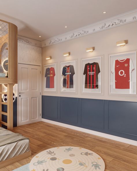 ⚽️⚽️⚽️ In Harrison’s football-themed bedroom, classic features of the listed building perfectly combine with a modern approach. His love for football is seamlessly integrated with functional design. The room features a play mezzanine, a fun slide, and a stunning gallery wall showcasing Harrison’s collection of football shirts. How amazing is it to lie down on the bed and look at the LED football pitch, dreaming about football coming home! #footballroom #boysbedroom #boybedroom #boysbedroom... Football Rooms, About Football, Football Pitch, Listed Building, Boy Bedroom, Boy's Bedroom, Bedroom Themes, Coming Home, Football Shirt