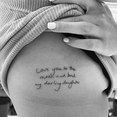 Tattoo Love You To The Moon And Back, Fine Line Mother Daughter Tattoo, Love You To The Moon And Back, I Love You To The Moon And Back Tattoo, To The Moon And Back Tattoo, Mommy Daughter Tattoos, Love Yourself Tattoo, Rib Tattoos For Women, One Line Tattoo