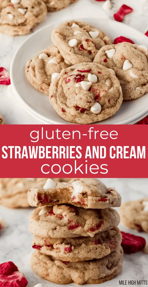 Easy Dairy And Gluten Free Desserts, Valentines Day Gluten Free, Gluten Free Crumbl Cookie Copycat, Gf Valentines Desserts, Gluten Free Strawberry Desserts Easy, Gluten Free Dairy Free Valentine Treats, Gluten Free Desserts Valentines Day, Gf Valentines Day Treats, Gluten Free Strawberry Cookies