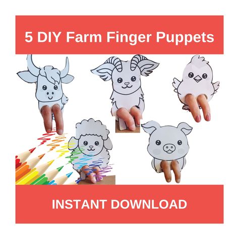 5 DIY Farm Animal Finger Puppet Card Colouring Crafts Kids PDF Toy Activity for Pretend Play Birthday Party Puppet Show Old Macdonald Farm Farm Puppets, Farm Animal Finger Puppets Printable, Horse Finger Puppet, Sheep Finger Puppet, Crochet Farm Animal Finger Puppets, Old Macdonald, Create Your Own Story, Puppet Crafts, Finger Puppet