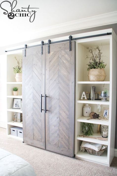 Barn Door Media Console, Barn Door Console, Diy Sliding Barn Door, Diy Living Room Decor, Bookcase Wall, Sliding Barn Door Hardware, Interior Barn Doors, Living Room Diy, Barn Doors Sliding