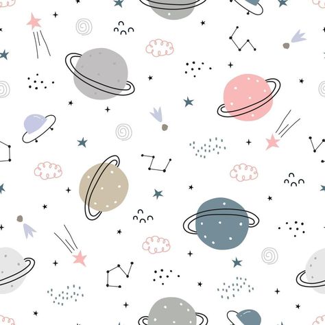 Space background illustration with stars and UFO Seamless vector pattern hand-drawn in cartoon style used for print, wallpaper, decoration, fabric, textile. Planet Icon, Estilo Cartoon, Space Background, Space Backgrounds, Fabric Textile, Wallpaper Decor, Background Illustration, Print Wallpaper, Cartoon Style